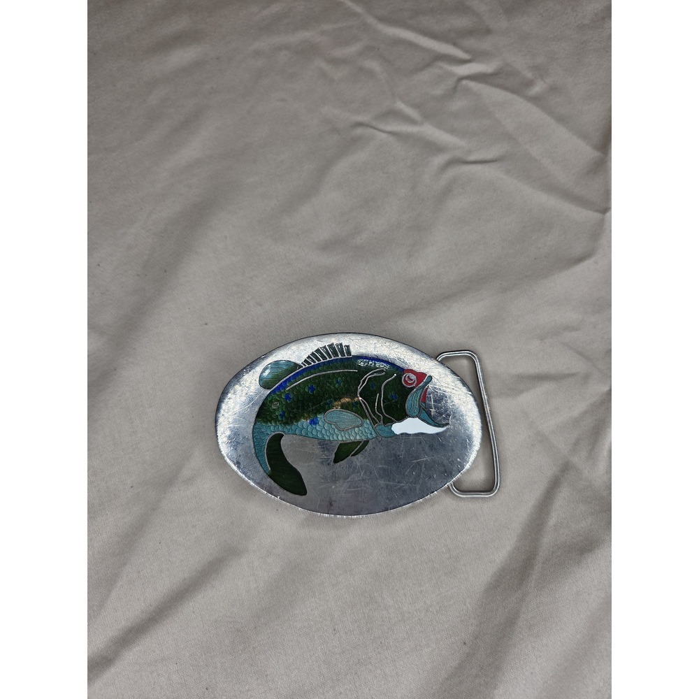 Small Oval Green and Silver Belt Buckle - Trout Fishing Sportsman Scene